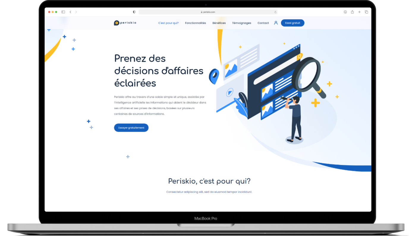 Mockup d'un MacBook Pro sur la page d'accueil du site web Periskio