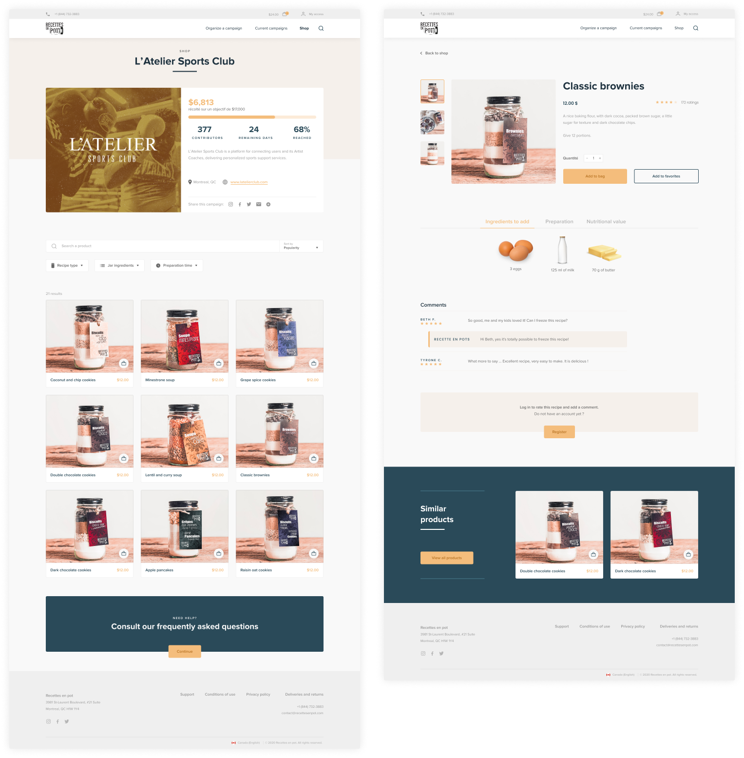 Page d'une boutique et d'un produit de la refonte de Recettes en pot