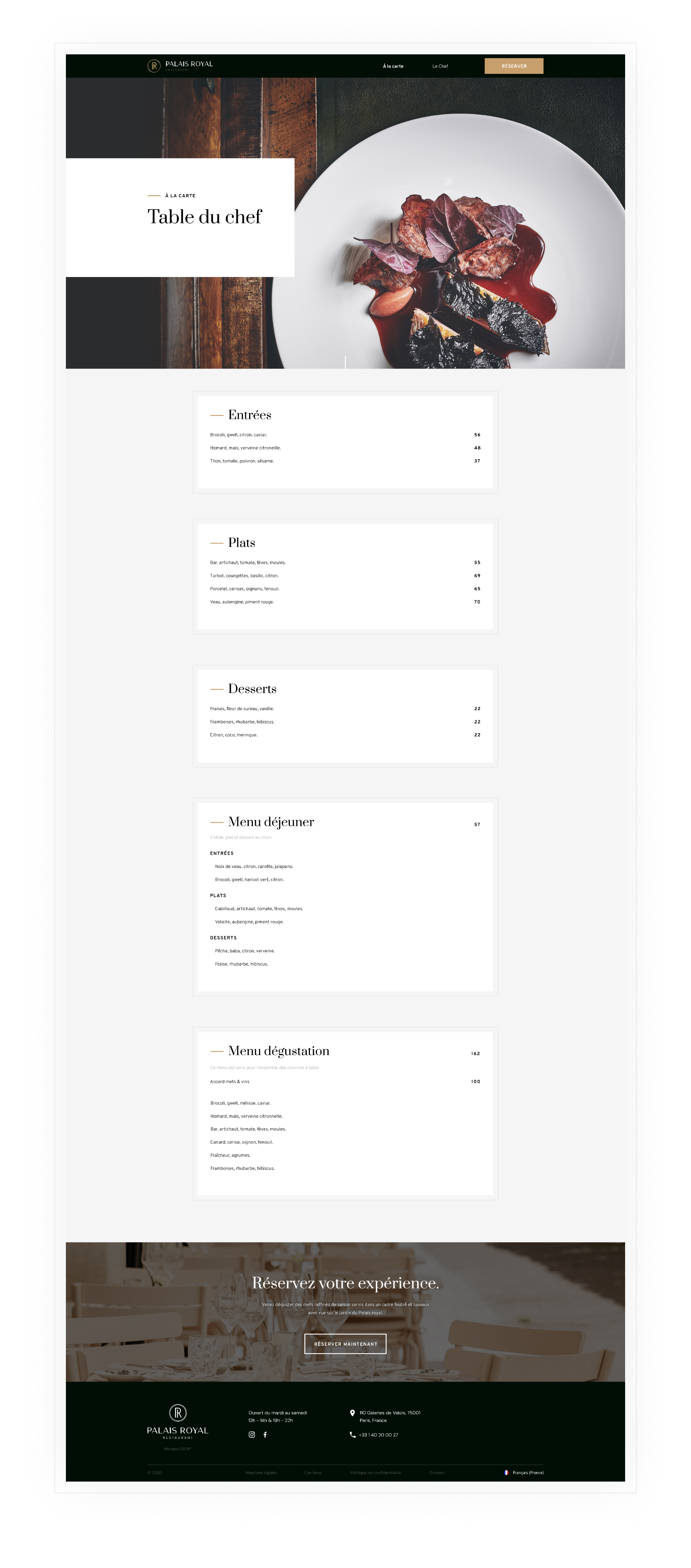 Page à la carte du site web du Restaurant du Palais Royal